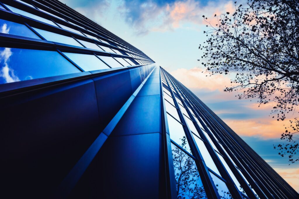 Skyward view of skyscrapers, business and corporate concept